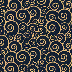 Obraz premium Seamless spiral pattern featuring golden waves on navy blue background for textile and web design