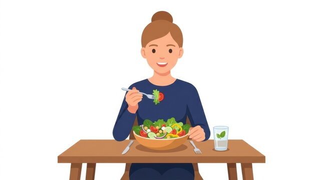 Flat vector illustration of a smiling woman sitting at a table eating a healthy vegetable salad with a fork, including a glass of water with mint, isolated on a white background.