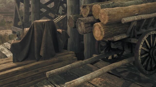 Weathered logs lie stacked on a rustic cart near a wooden dock. A draped figure adds an air of mystery to the scene, hinting at stories untold in this quiet setting.