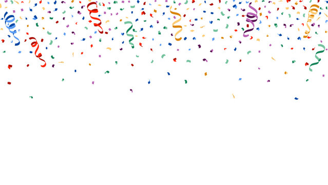 Party confetti falling celebration ribbons border. Festive serpentine decoration for happy birthday anniversary carnival holiday. Empty space for text invitation design