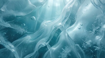 Fototapeta premium Abstract underwater view of flowing translucent plastic sheets with bubbles and light rays