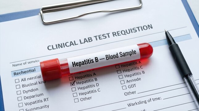 Clinical lab test requisition form with a blood sample tube labeled Hepatitis B placed on a clipboard alongside a pen for medical documentation purposes