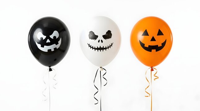 Three Halloween balloons in black white and orange colors with scary spooky faces lined up.
