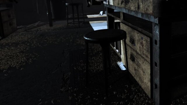 In a dimly lit workshop, a lone stool rests beside an old table. Dust and debris cover the floor, hinting at long abandoned projects and the passage of time. Shadows play across the scene.