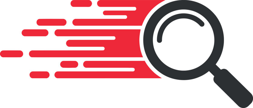 Fast speed and detailed search concept with magnifying glass and red speed lines