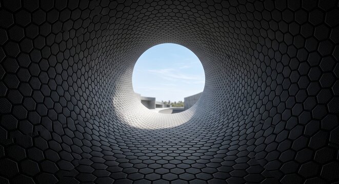 Futuristic dark tunnel with black honeycomb pattern texture looking out to a bright daylight opening