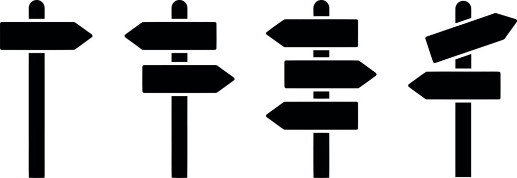 Collection of hand drawn wooden signposts with arrows pointing in different directions isolated on white