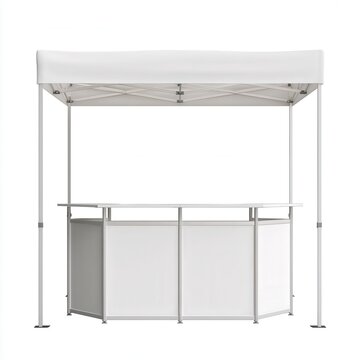 White exhibition booth with canopy and counter