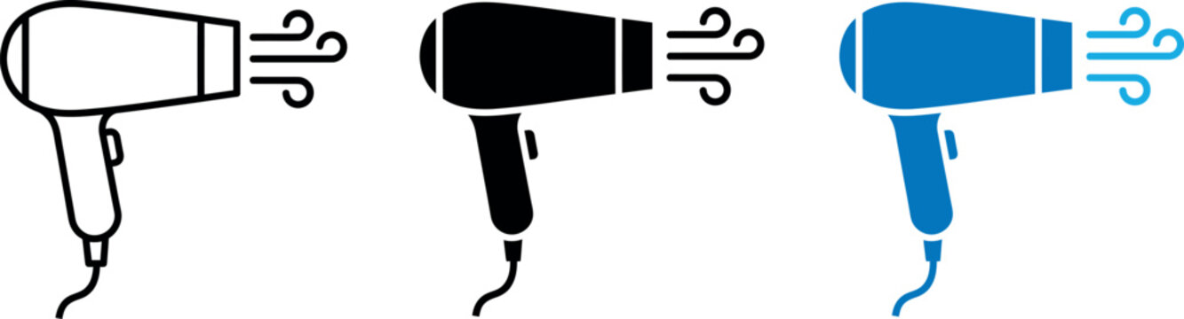 Hair dryer icon set in line art silhouette and flat color styles for design projects