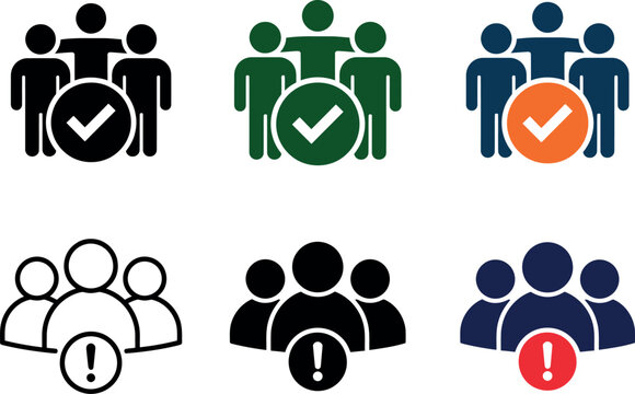 Group of people icons with checkmarks and exclamation points in various colors