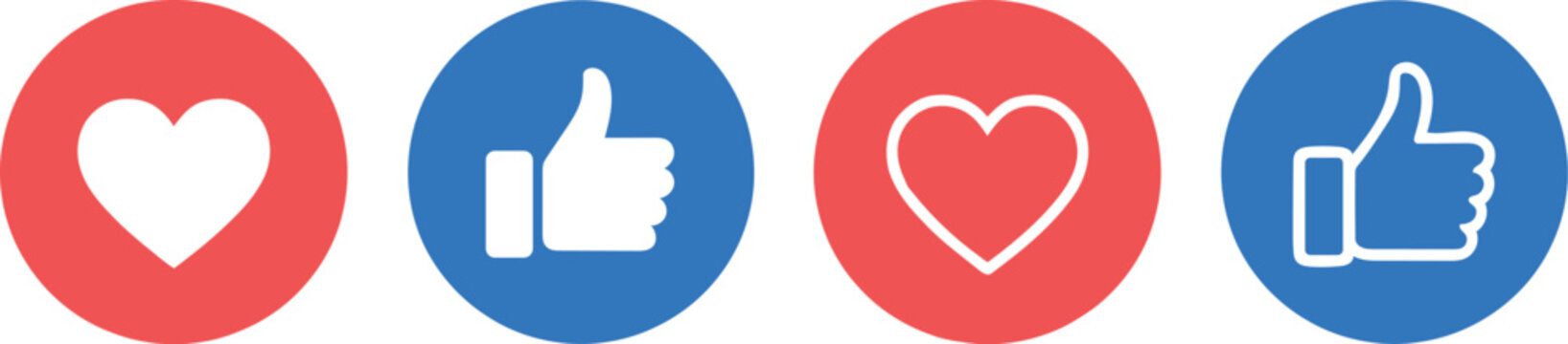Social media like and heart icons in red and blue circles on a white background