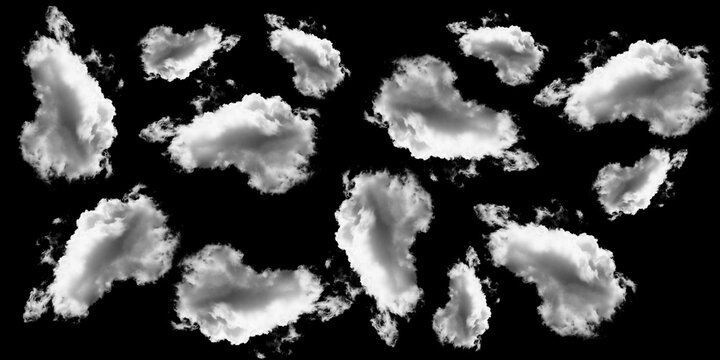Collection of various white clouds isolated on black background for design and compositing