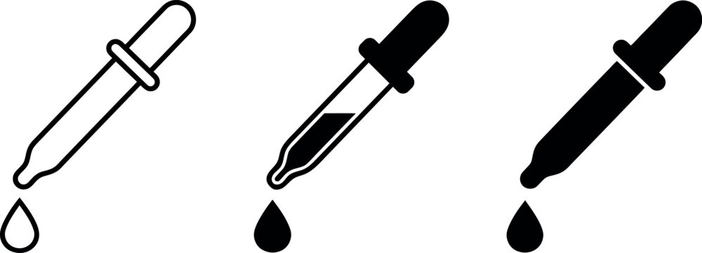 Three dropper bottles in varying styles with liquid droplets black and white illustration