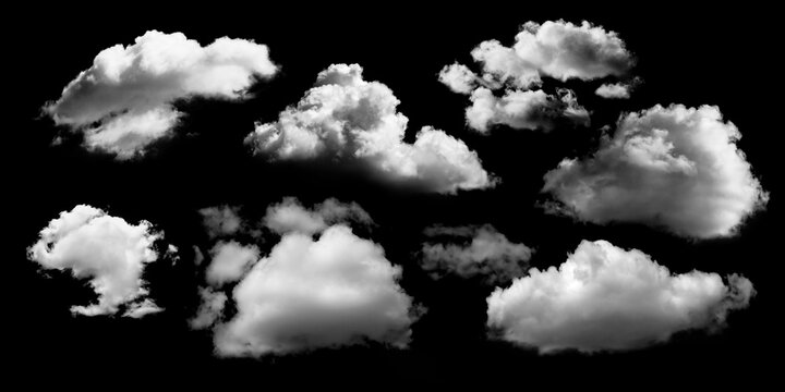 Set of white clouds isolated on black background, collection of realistic cumulus cloud shapes for photo manipulation and sky compositing