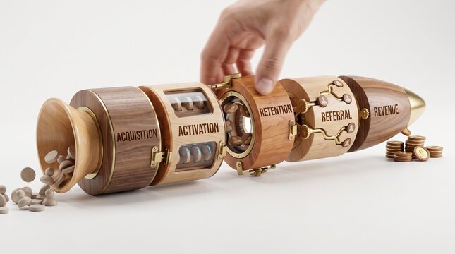 Hand assembling a wooden modular rocket representing the AARRR pirate metrics framework concept, isolated on a white background