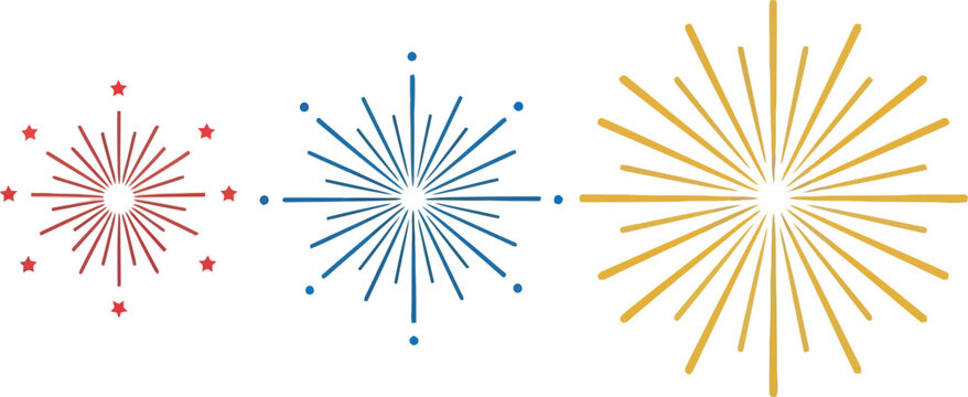 Red blue and gold fireworks bursts isolated on transparent background
