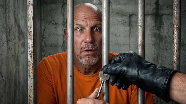 Bald mature man in orange jumpsuit looking through prison bars with surprised expression. Hand in black leather glove holding key to jail cell door.