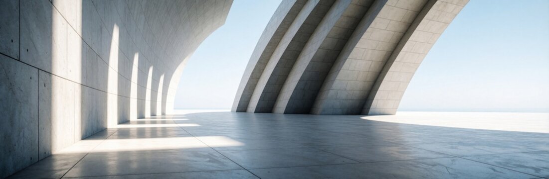 Modern concrete architecture with repeating archways forms passage under bright sunlight. Geometric shadows fall across smooth pavement, creating clean, minimalist outdoor space with serene sky