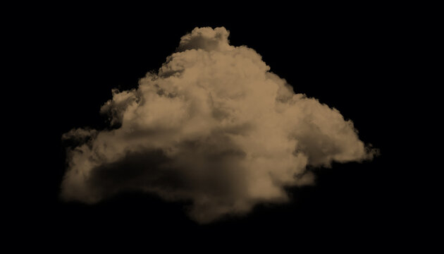 A single fluffy cumulus cloud with a sepia tone isolated against a solid black background, perfect for compositing and digital design projects