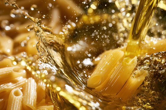 Pasta penne splash in golden oil with water droplets