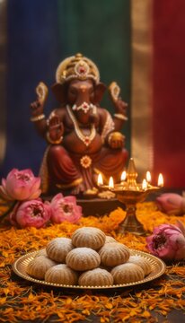 Ganesha idol with traditional Indian sweets, oil lamp, and marigold petals for Diwali or Ganesh Chaturthi celebration, concept of religious celebration and devotion