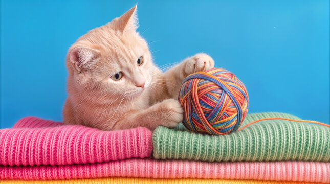 Ginger kitten playing with colorful ball of yarn on stack of knitted sweaters. Domestic cat resting on soft wool clothes against blue background.
