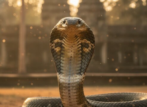 Close-up of a majestic King Cobra with its hood flared, standing tall against a blurred ancient temple background during golden hour, showcasing intricate scales and powerful presence, concept of dang