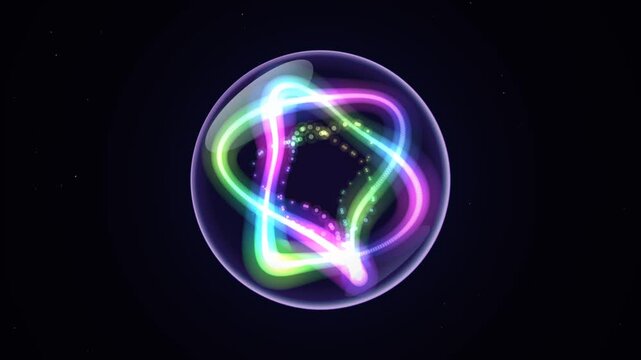 Abstract dynamic glowing ribbon forming various shapes inside bubble against dark space background loopable motion graphics footage.