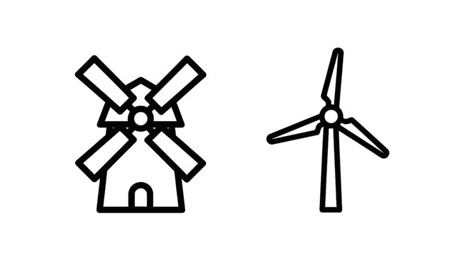 Black outline vector icons of traditional windmill and modern wind turbine representing renewable energy with green energy power generation icon set