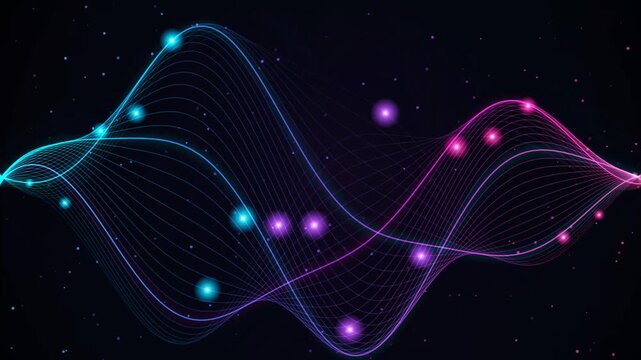 Abstract sound wave visualization featuring glowing particles flowing through digital space with dynamic neon lines against dark background.