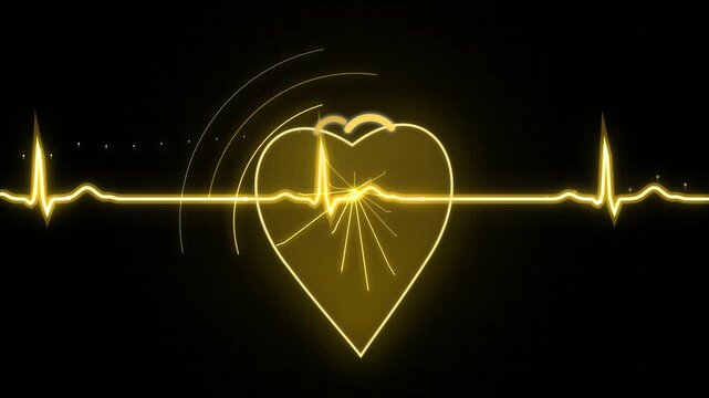 Heartbeat pulse line with glowing neon heart symbol on black background for medical health monitoring motion graphics concept footage.