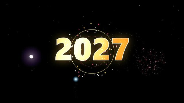 Golden 2027 text zooming on black background with fireworks loopable celebration dynamic footage for new year eve and holidays.