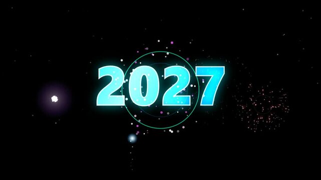 Animated countdown featuring year transitions between 2026 and 2027 with glowing digital numerals against black background cinematic footage.