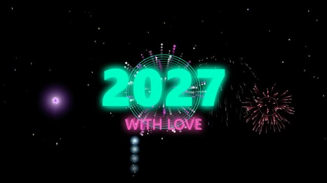 New year 2026 and 2027 countdown with colorful fireworks bursting against black sky in cinematic motion graphics holiday celebration.