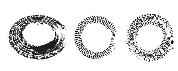 Grunge tire track, wheel braking marks. Truck, car or motorcycle tread pattern silhouette. Auto race, motorsport, speed racing design element. Vector illustration © Muhammad