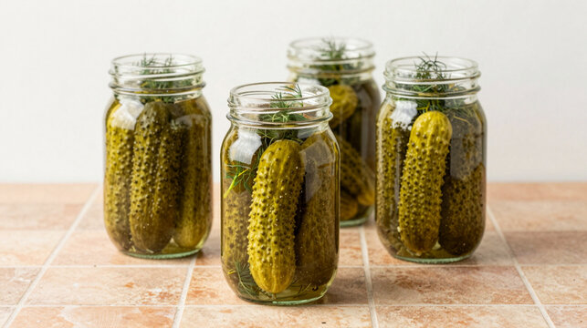  Homemade Dill Pickles in Glass Mason Jars Arranged on Tiled Kitchen Counter