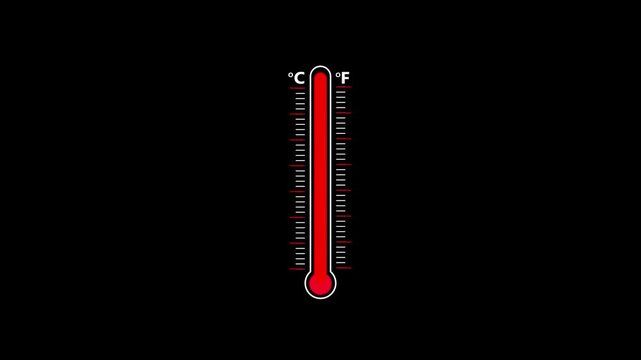 Temperature thermometer icon animation with celcius and fahrenheit indicator. Classic glass thermometer temperature going up, Thermometer cooling animation on 4K alpha channel transparent background