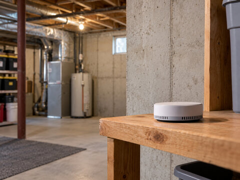 Radon test device in unfinished residential basement
