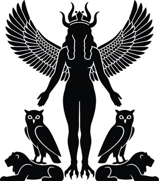 Black silhouette of classical Mesopotamian goddess Lilith or Ishtar known as the Queen of the Night with wings talons horned headdress standing with owls and lions in pagan mythology.