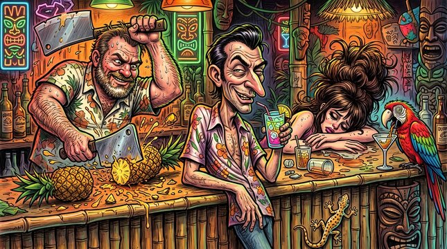 Crazy Tropical Tiki Bar Bartender Chopping Pineapple with Cleaver Cartoon Illustration