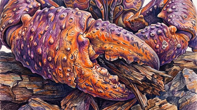 Powerful Coconut Crab Claws Crushing Wood Realistic Colored Pencil Illustration
