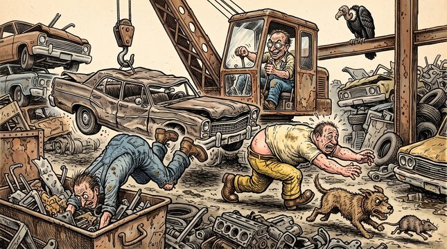 Junkyard Crane Dropping Crushed Car on Scared Scrap Workers Cartoon Illustration