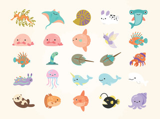 Naklejka premium Cute ocean creature vector icons