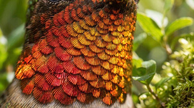 Extreme macro shot of hummingbird gorget feathers, showing intense structural iridescence shifting from fiery ruby red to gold. Scale-like texture and micro details.