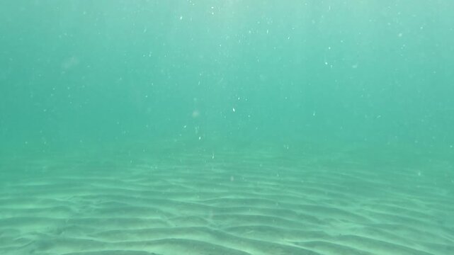 Turquoise ocean floor with rippled sandy seabed patterns and sunlight filtering through clear water. Tilting shot.