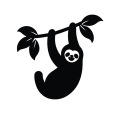 Cute sloth hanging on a tree branch, simple vector illustration of a funny animal, minimalist black and white design element for kids and nature themes © Kaushik