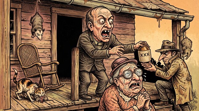 Corrupt Preacher Secretly Selling Moonshine Jug to Bootlegger Porch Cartoon