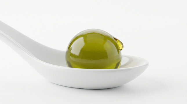A perfectly spherical green olive crafted through molecular spherification rests on a white ceramic tasting spoon, glistening with a drop of extra virgin olive oil.
