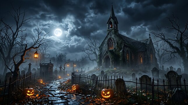 A spooky graveyard scene with glowing jack o lanterns and a haunted church for a happy halloween celebration