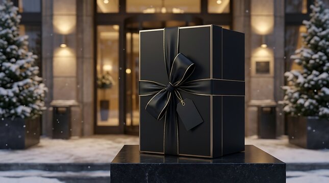 Luxurious black gift box with gold trim and ribbon placed outdoors in winter snow